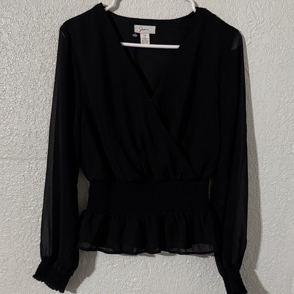 Black Wrap Smocked-Waist Long Sleeve Blouse